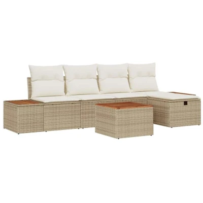 Image of vidaXL 6 Piece Garden Sofa Set with Cushions, Beige Poly Rattan