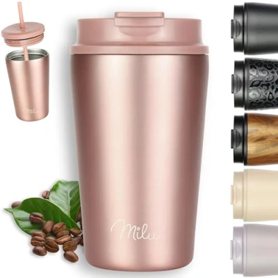 Image of Milu Travel Mug 300ml, 400ml, 500ml 100% Leakproof Stainless Steel Coffee Thermal to go Insulated with Straw Keeps hot for 10h / Cold 20h, BPA Free (Rose Gold, 400ml)