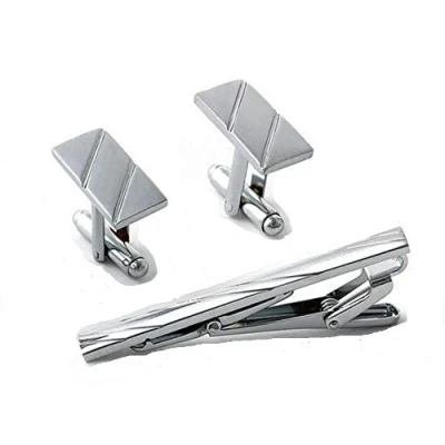 Image of CMJ™ Silver Stripe Cufflinks &amp; Tie Clip Set Formal Business Wedding Prom