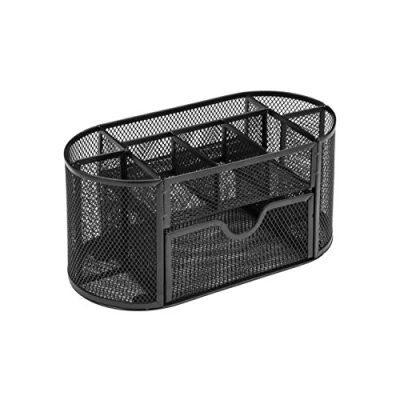 Image of OSCO Black Wiremesh Organiser with Drawer Desk Tidy Pen Holder Office Storage Pencil 8 Compartments Stationery Caddy H10.5 x W22 D11 cm
