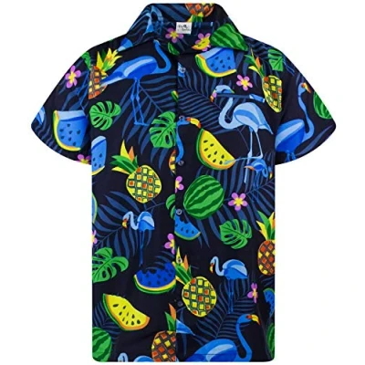 Image of King Kameha Hawaiian Shirt Men Fruit Designs Regular Short Sleeve, Flamingo Melon, Darkblue Blue, XL