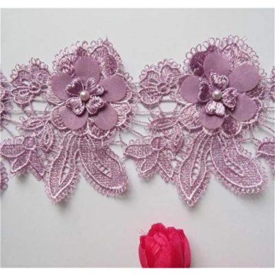 Image of 1 Yard Flower Pearl 3D Lace Edge Trim Ribbon 10 cm Width Vintage Style Purple Edging Trimmings Fabric Embroidered Applique Sewing Craft Wedding Bridal Dress Embellishment DIY Decor Clothes Embroidery
