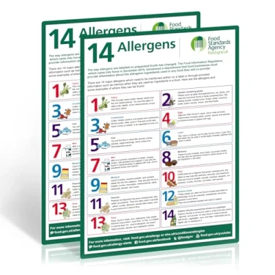 Image of 2pc Food Allergy Sign, A4 297x210mm, Self Adhesive Vinyl, Waterproof and Oil Resistant, 14 Major Allergens, Must Have Awareness Poster for UK Businesses
