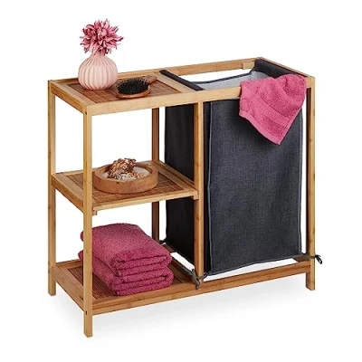 Image of Relaxdays Bamboo Laundry Basket Shelf, 3 Levels, Removable Fabric Bag, HxWxD: 65x68x33 cm, Bathroom Bin, Natural/Grey, Polyester, Cotton, 50 x 30 29.5 cm