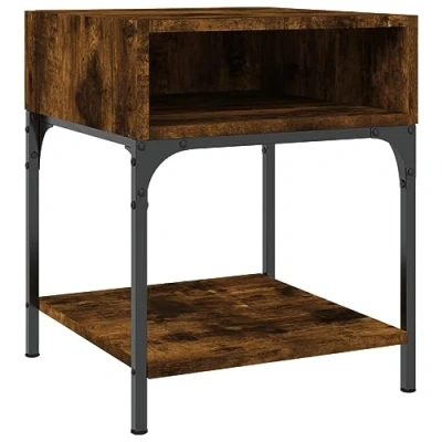 Image of vidaXL Bedside Table in Smoked Oak Engineered Wood Nightstand with Iron Frame Bedroom Storage Cabinet Adjustable Height Industrial Design