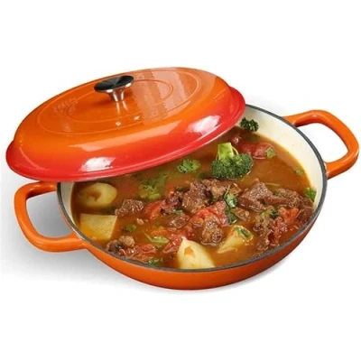 Image of Stalwart DA QT3107O Enameled Cast Iron Casserole Shallow Pot Round Orange 31cm 3.5 litres