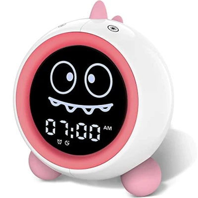 Image of Kids Alarm Clock, Toddler Sleep Training Clock with Night Lights, Sound Machine, Time to Wake Dinosaur for Children (Pink)
