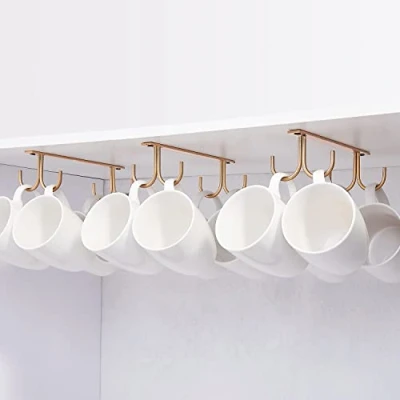 Image of FOMANSH Mug Rack Under Cabinet Coffee Cup Holder, 12 Mugs Hooks Shelf, Display Hanging Cups Drying Hook for Bar Kitchen Utensils Gold