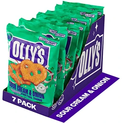 Image of Olly&#039;s Pretzel Thins, Sour Cream, 140g (Pack of 7), Handy Snack Pouches, Healthy Plant Based Vegan Snacks for Dipping, Low Calorie Snacks, Fat, Source Fibre, No Preservatives