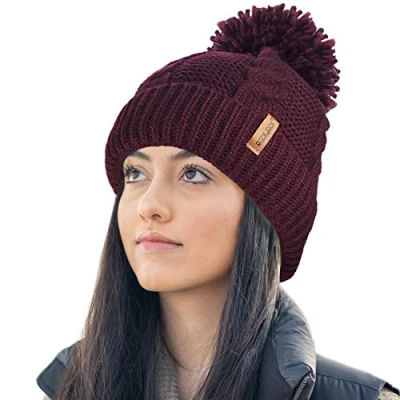 Image of RockJock Ladies STORMACTIVE 100% Waterproof Warm Cable Knit Winter hat with Pompom and Thermal Cosy Liner Burgundy