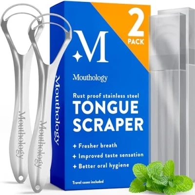 Image of BASIC CONCEPTS Tongue Scraper (2 Pack), Reduce Bad Breath (Travel Cases Included), Stainless Steel Cleaners, Metal Scraper, for Adults Fresher in Seconds