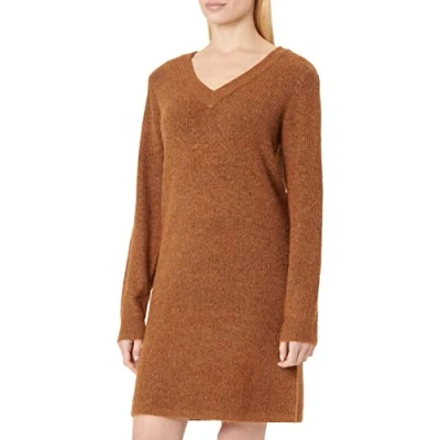 Image of PIECES Women&#039;s Pcellen LS V Neck Knit Dress Noos Bc, Mocha Bisque, M