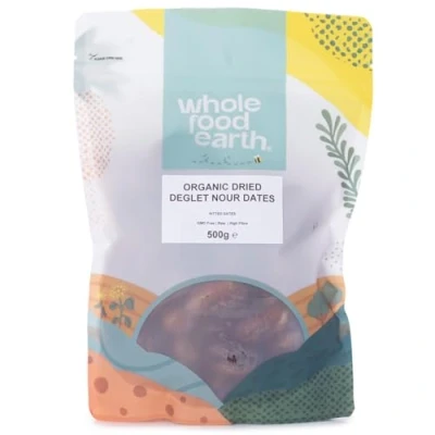 Image of Wholefood Earth Organic Dried Deglet Nour Dates (Pitted) 500 g GMO Free Raw Vegan High Fibre Certified