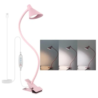 Image of Qooltek LED Clip Lights, Reading Light 3 Color Modes 10 Brightness, Clamp Lamp for Desk Bedside Table, 5W USB Powered with Flexible Arm, Pink