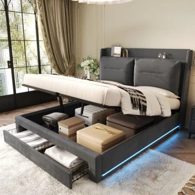 Image of Merax Fashion Upholstered King Bed Frame, 5FT Ottoman Size with 2 in 1 Storage Drawers, Hydraulic Recessed LED Light Strips, Slatted Velvet, Dark Grey, 150x200cm