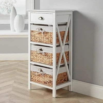 Image of Home Source White Wooden Storage Unit Chest Water Hyacinth Basket Bedroom Organiser, Engineered Wood, 3 Drawer