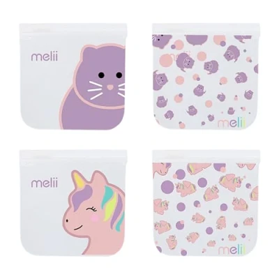 Image of melii Reusable Sandwich &amp; Snack Bags for Kids Adults, Food Storage, Organization Meal Prep Containers, Leakproof, BPA free, 4 Pack, 2 Cat Unicorn