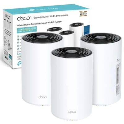 Image of TP Link Deco PX50 AX3000 + G1500 Whole Home Powerline Mesh Wi Fi 6 System, Dual Band, Gigabit Ports, AI Driven Mesh, cover up to 6,500 ft2, Connect 150 devices,1.0 GHz CPU, HomeShield, Pack of 3