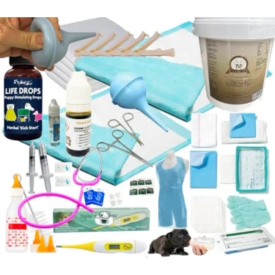 Image of Comprehensive Deluxe Whelping Puppy Kit, Life Saver Aspirator, Lactol Milk &amp; Bottle, Guides, Cord Clamps etc Full Kit