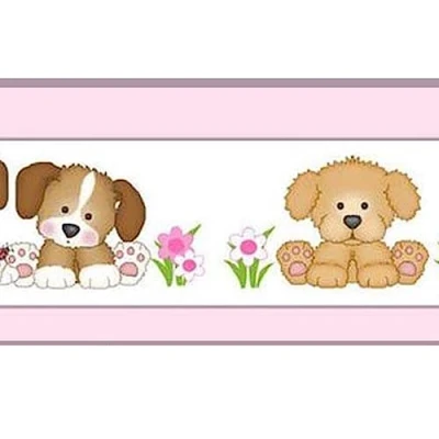 Image of Melody Jane Dolls House Nursery Wallpaper Border Puppies Pink 1:24 1/2in Miniature Print