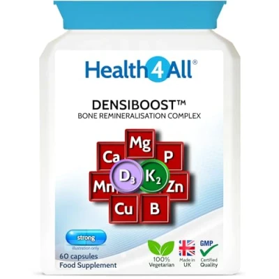 Image of Densiboost Bone Remineralisation 60 Capsules (not Tablets) with Calcium, Magnesium, Manganese, Phosphorus, Copper, Boron, Zinc and Vitamins D3 K2 MK 7. Made in The UK by Health4All