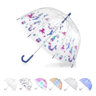 Image of totes Adult and Kids Clear Bubble Umbrella with Dome Canopy, Lightweight Design, Wind Rain Protection, Ocean Princess, 37&quot;, Easy