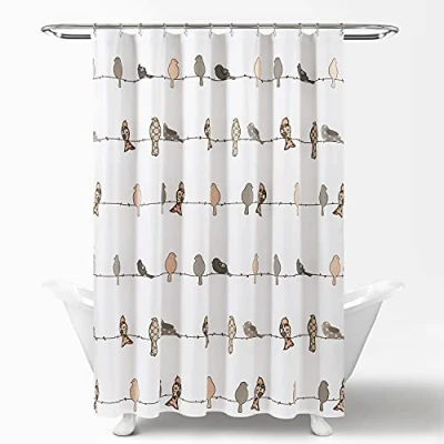 Image of Lush Decor Rowley Birds Shower Curtain, 72 W x L, Blush &amp; Gray Colorful Floral Bird Pattern Whimsical Playful Curtain Farmhouse, Coastal, Boho Bathroom