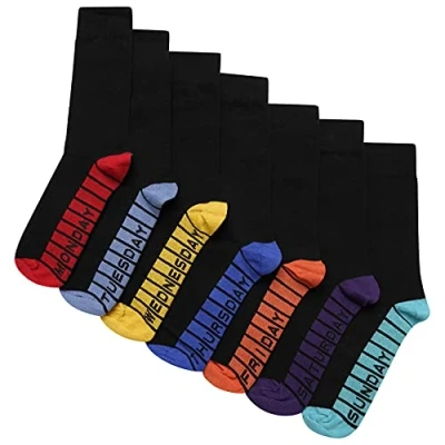 Image of Soxy Boys Days of the Week Socks 7 Pack Cotton Rich Colour Sole, Heel &amp; Toe Black Multi UK Shoe Size 4 6