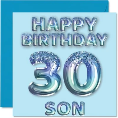 Image of 30th Birthday Card for Son Blue Glitter Party Balloons Happy Cards 30 Year Old from Mum Dad Parents, 145mm x Bday Greeting Gift