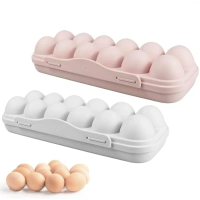 Image of AMJKEJI 2 Pcs Egg Container, Holder with Lid, for Fridge Plastic Storage Tray Fits 2X12 Eggs (24 Eggs）