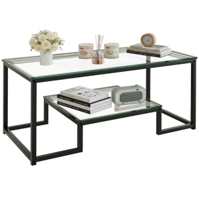 Image of Huhote 2 Tier Coffee Table, Center Tea Living Room Table with Black Metal Frame, for Bedroom Office, Modern Open Design, 39.3 x 18.8 17.7 IN, Glass