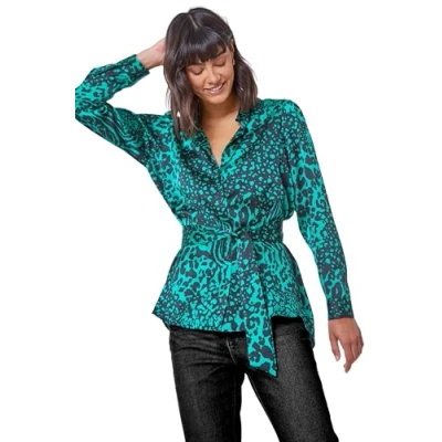Image of Roman Originals Animal Print Tunic Satin Shirt for Women UK Ladies Autumn Everyday Winter Holiday Collar Neck Comfy Long Sleeve Soft Self Belt Button Fastened Tops Green Size 14