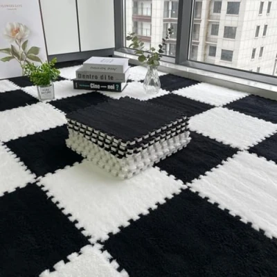 Image of 10Pcs 30x30x1cm Plush Foam Puzzle Area Rug, Soft Interlocking Carpet Mats for Bedroom Livingroom Playroom Gym Yoga,Cuttable Floor Mat (Black and White)