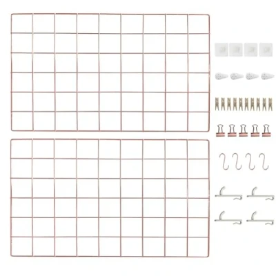 Image of CIKLCIX Metal Grid Wall Panel Rose Gold, Wire Photo Display Organizer, 17.3&quot;x11.8&quot; Board Wall, Picture Frame, 2 Pack Mesh Memo with Clips and Hooks