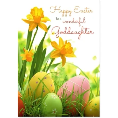 Image of doodlecards Goddaughter Easter Card Daffodils &amp; Eggs Medium Size with Plain Envelope