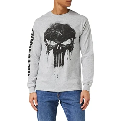 Image of Marvel Men&#039;s Avengers Punisher Skull Long Sleeve Top, Grey (Grey Heather Hgy), X (Size:X Large)