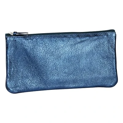Image of Clairefontaine Ref 8706C Metallic Leather Flat Pencil Case 22 x 11cm, Soft with Suede Interior, Metal Zip Puller Indigo Colour