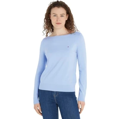 Image of Tommy Hilfiger Women Co Jersey Stitch Boat Nk Sweater Pullovers, Blue, XL