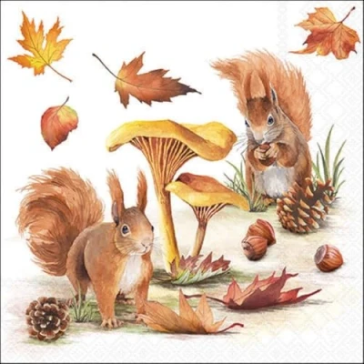 Image of 20 Napkins Autumn Squirrel on Cones and Mushrooms as Table Decoration Paper with Motif Also for Decoupage 33 x cm