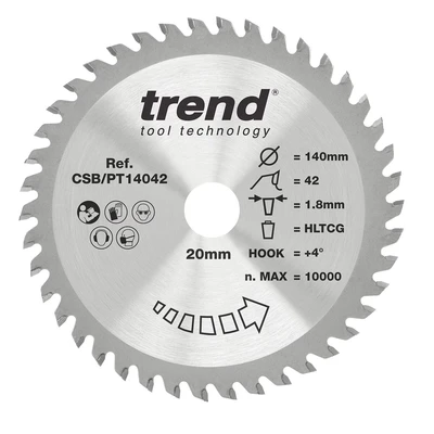 Image of Trend Laminate &amp; HPL Circular Saw Blade, 140mm Diameter, 20mm Bore, 42 Teeth, 1.8mm Kerf, +4 Hook, TCT, Super Fine Finish, CSB/PT14042