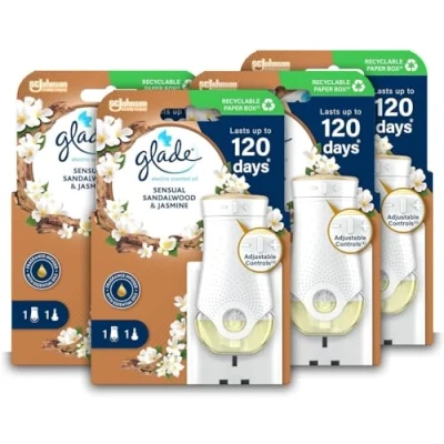 Image of Glade Plug in Air Freshener Holder and Refill, Electric Scented Oil Room Freshener, Sandalwood &amp; Jasmine, Pack of 4 Starter Kits, (4 x 20 ml Refill)