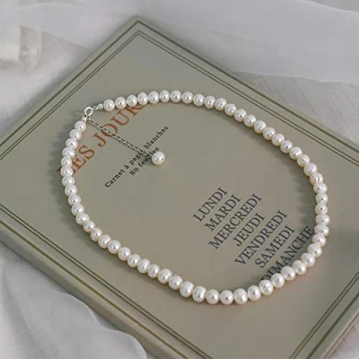 Image of LOKILOKI 6 7mm Natural Freshwater Pearl Chokers Necklace 925 Sterling Silver Jewelry For Women Gift Trend