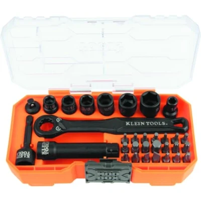 Image of Klein Tools 65300 KNECT 32 Piece Pass Through Socket Set, SAE Impact Set with MODbox Case, 1/4 Inch Drive, Sockets, Bits and Accessories