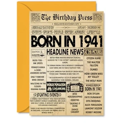Image of 84th Birthday Card for Women Men Bday Press Newspaper 1941 Happy 84 Cards Grandma Grandad Husband Wife Uncle Dad, A5 Greeting