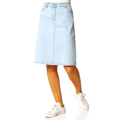 Image of Roman Originals Denim Skirt with Pockets for Women UK Ladies Jean Skirts Cotton Stretch Mid Wash Fitted A Line Casual Smart Work Office Knee Length Flattering Slimming Light Blue Size 14
