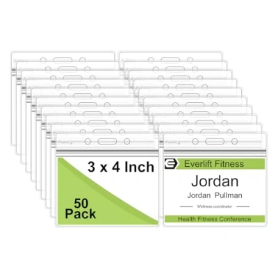 Image of Fushing Pack of 50 Clear Plastic Horizontal Badge Holders, Name Tag Card Holders(Large)