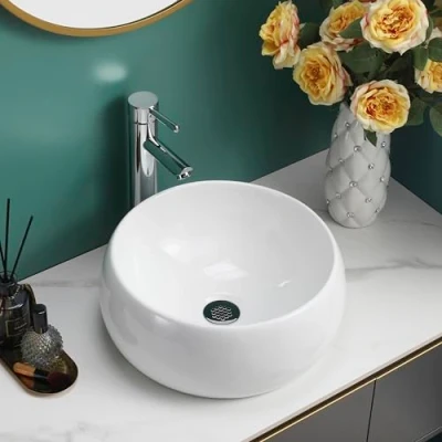 Image of BELOFAY Modern Bathroom Basin Sink, Counter Top White Cloakroom Ceramic for Bathroom, Vanity Cabinet, and Toilet (Round 1)