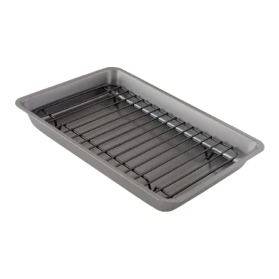 Image of Chef Pomodoro Nonstick Carbon Steel Small Roasting Pan Roaster with Flat Rack, 11 x 7.7 Inch, Petite Mini, Grey, Bakeware Toaster Oven Countertop Baking, Single Serving