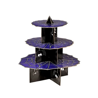 Image of Premier Housewares Spider Cake Stand 3 Tier Cardboard Stands for Afternoon Tea Purple/Black Cupcake W36xD36xH37