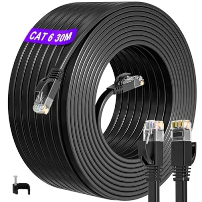 Image of Ethernet Cable 30m, Cat 6 Flat 30m High Speed Internet Outdoor, Long RJ45 Gigabit Network Cable, 1Gbps 250MHz Thin LAN Waterproof Patch for Router PS4/5 (30 Clips)